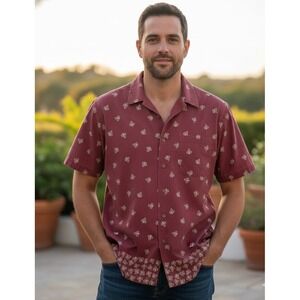 Denim Ridge Burgundy Leaf Print Short Sleeve Button Up Shirt Mens Medium Cotton